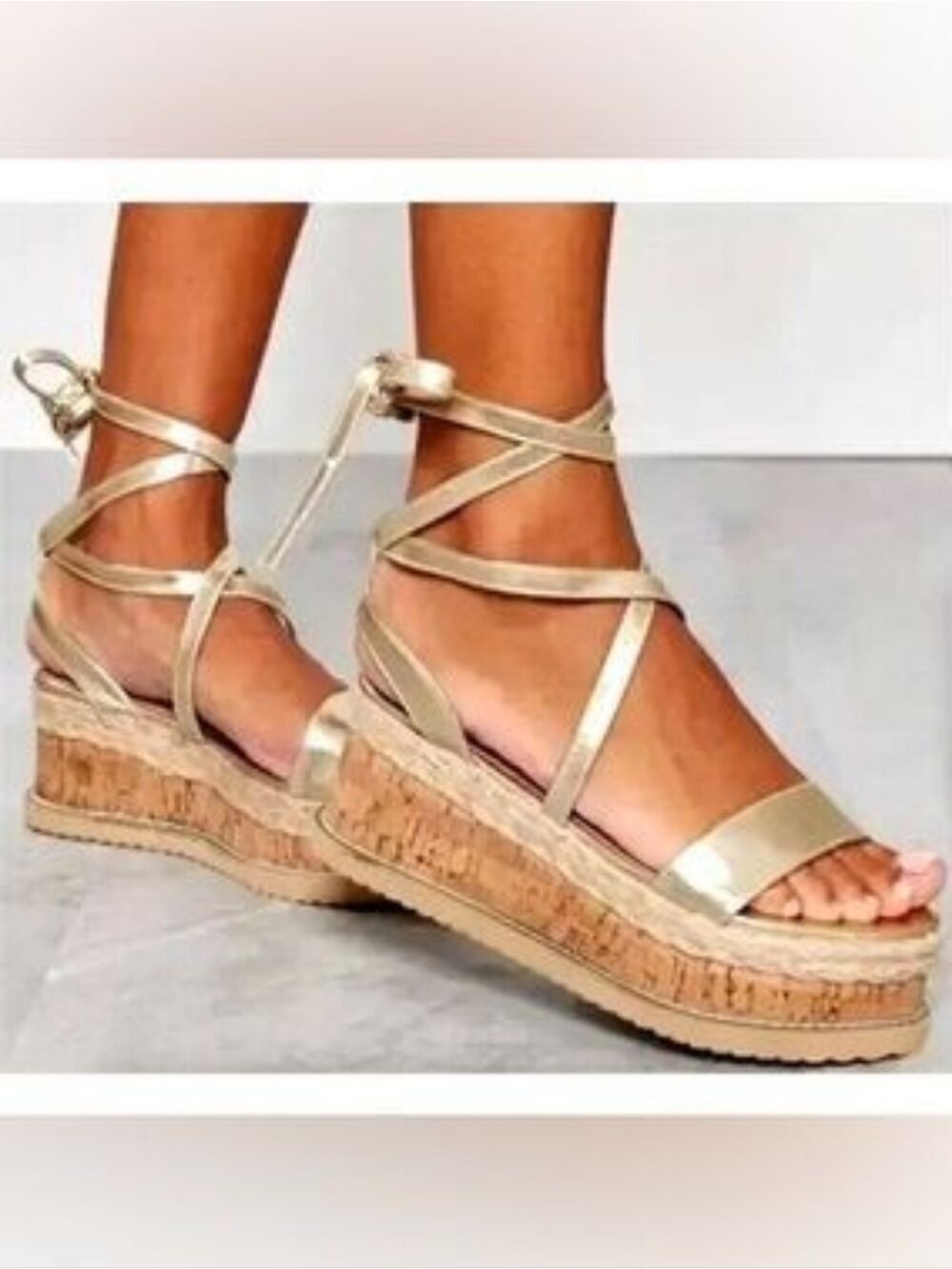 Pretty Little Thing Gold Lace Up Flatform Espadrilles EU 37